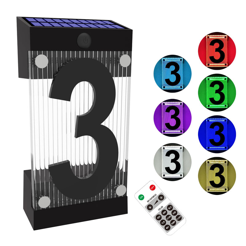 [Australia - AusPower] - XINDEW Solar House Numbers for Outside, 3D Acrylic Number Colorful light Remote Control, Solar Address Sign, Lighted Modern Address Numbers Solar Powered for Yard Street (Number 3) Number 3 