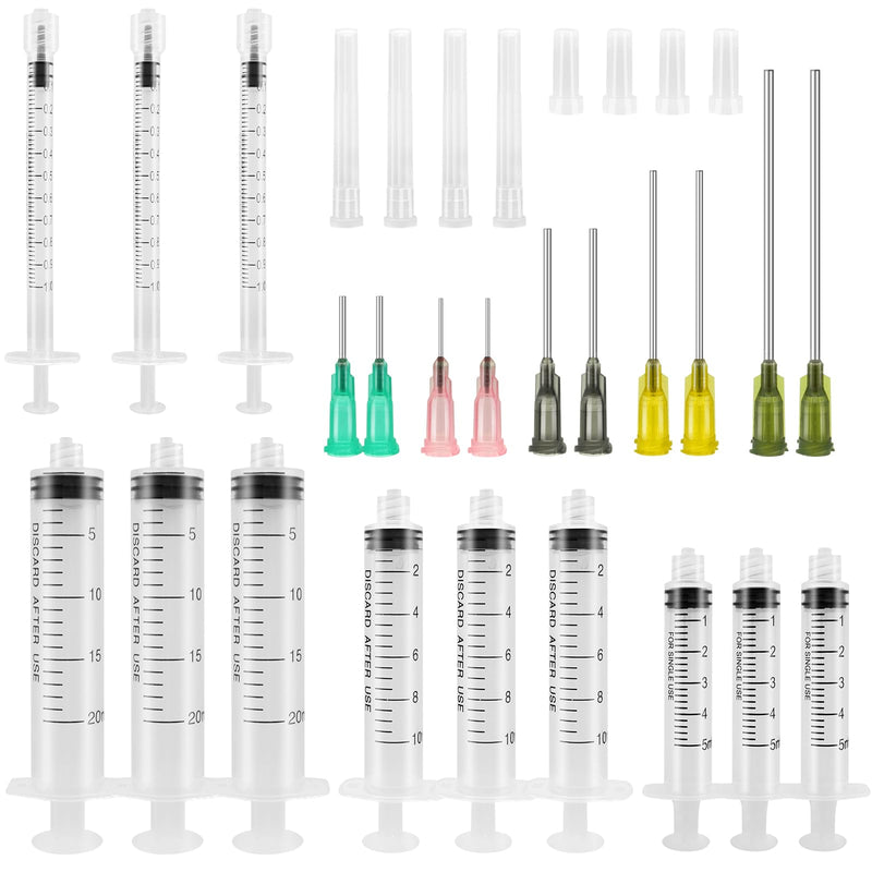 12 x 1-20ml Luer Lock Syringes with Blunt Needles | 5 dispensing needle sizes 14G-20G, scales and caps for glue, oil, ink, crafts and liquid transfer