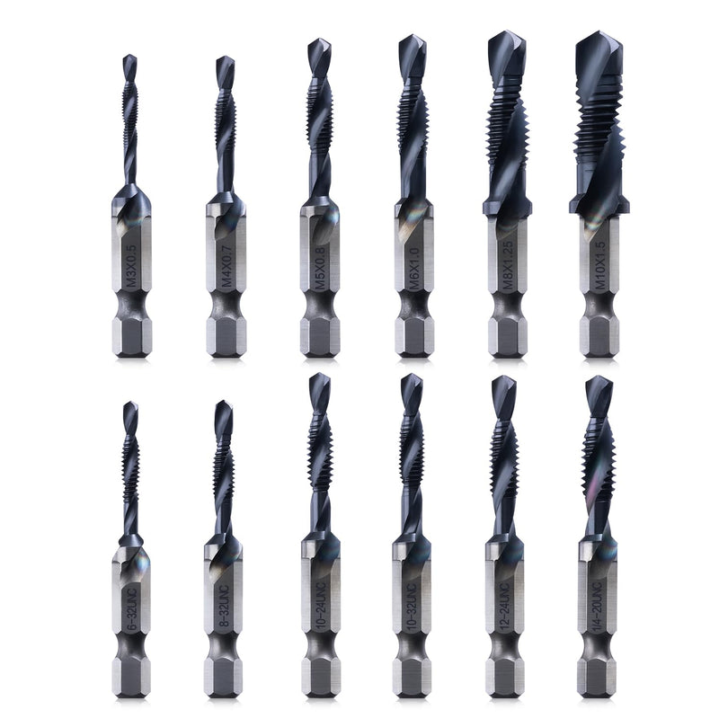 Kraftek SAE(6-32NC - 1/4-20NC) & Metric (M3-M10) 12pcs Combination Drill and Tap Bit Set, Ultra TiAlN Coating M2 Drill Tap Set for One-Step Drilling, Tapping, and Deburring Metric&SAE Set (12pcs)