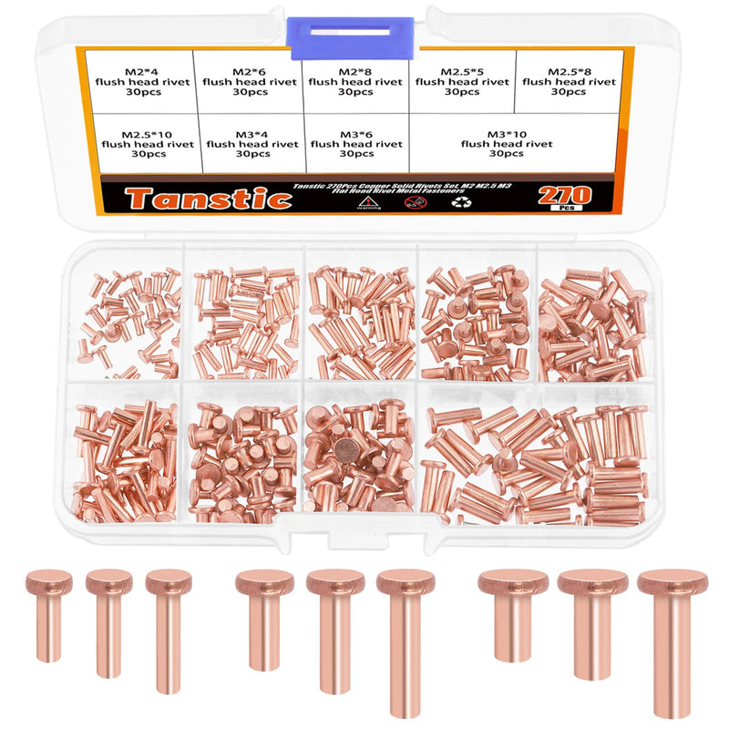 [Australia - AusPower] - 270Pcs Flat Head Copper Solid Rivets, M2x4/6/8, M2.5x5/8/10, M3x4/6/10 Solid Copper Rivets Fasteners for Electrical Applications Copper Finish Copper Tone 