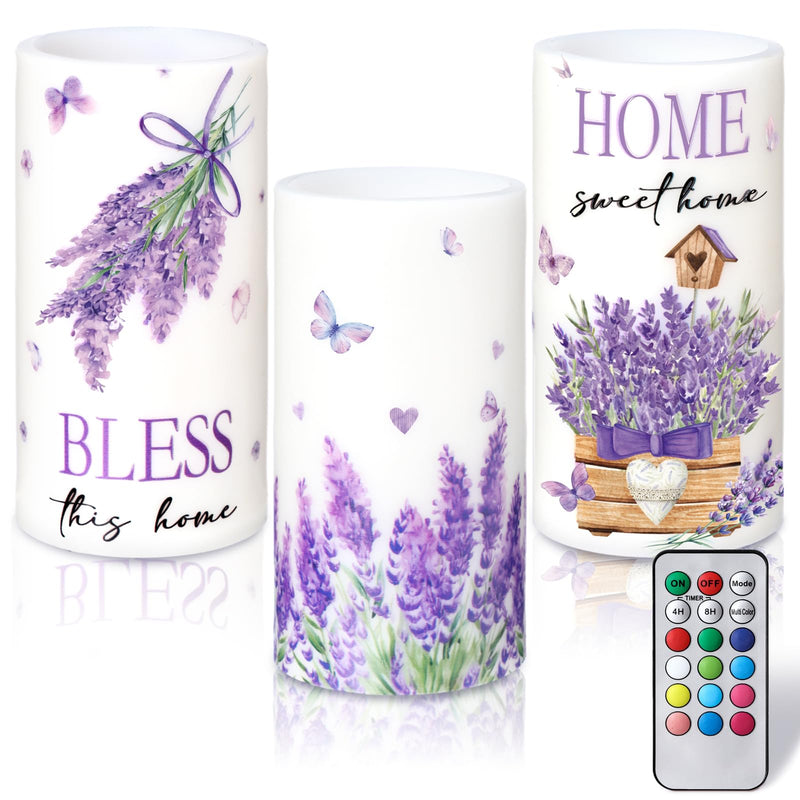 [Australia - AusPower] - Threlaco 3 Pcs Lavender Home Sweet Home LED Candles Farmhouse Spring Purple Butterfly Flameless Candles Bless This Home Candles with Remote for Bedroom Living Room Easter Spring Decor Farmhouse 