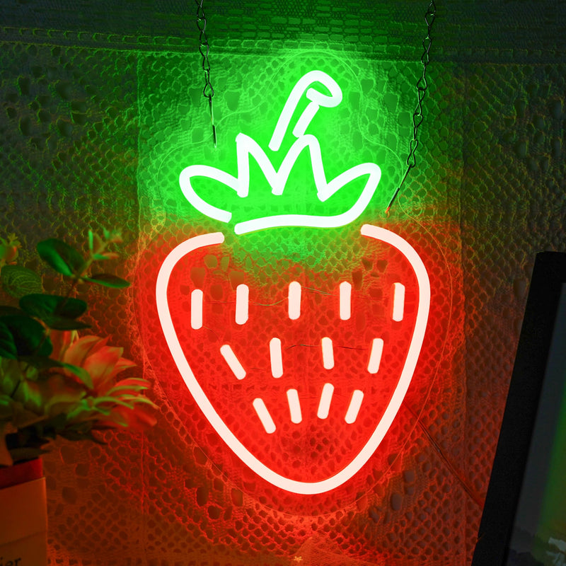 [Australia - AusPower] - Strawberry Neon Sign, Red Green Strawberry Led Sign Shape Neon Light for Fruit Shop, Restaurant, Bedroom Wall Decor, Bar Birthday Art Decoration Christmas with USB Chain Light Modulator 5v 