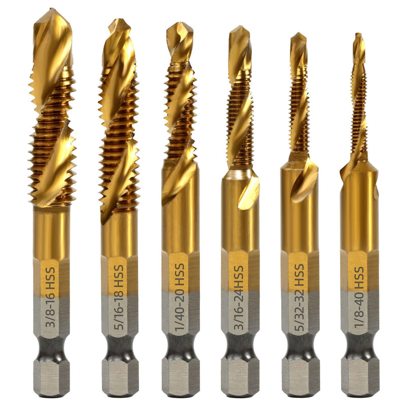 [Australia - AusPower] - RENYU 6Pcs Combination Drill and Tap Bit Set, 1/4" Hex Shank with Titanium Coating Screw Tap Drill Bits for Metal, Plastic, Wood 