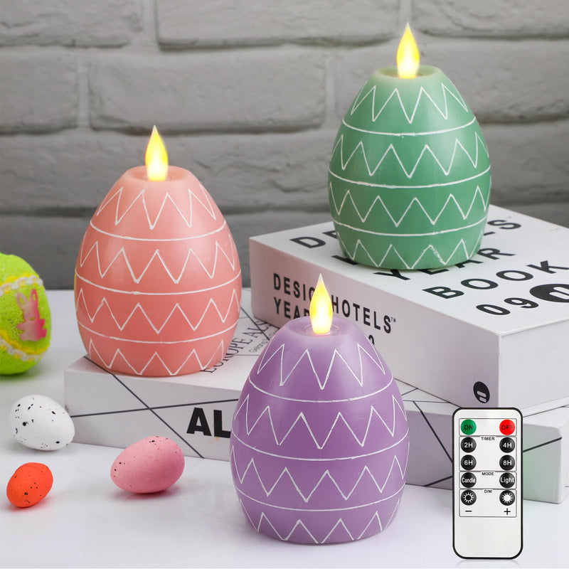 [Australia - AusPower] - MTLEE 3 Pcs Easter Flameless Candles Egg Figural Flameless Candle Egg LED Battery Candles with Remote Timer Easter Candles for Easter Party Holiday Decoration Centerpiece (3.6" x 4.8") 