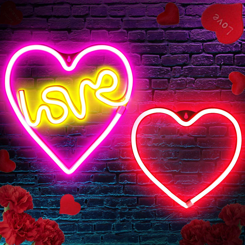 [Australia - AusPower] - 2 Pack Valentines Day Decorations Pink Heart Neon Sign LED Neon Lights for Wall Window Decor Girls Room Wedding Party Valentine's Gift for Boys Girls(Pink/Red) 