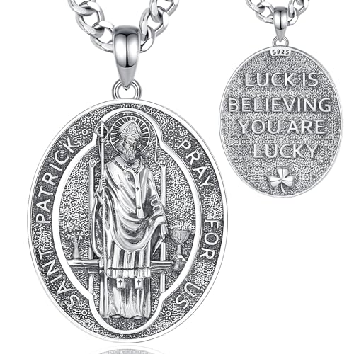 INFUSEU St Patrick Necklace Saint Patricks Day Jewelry Irish Gifts Clover Pendant Medal for Men Women 925 Sterling Silver Religious Catholic Christian Medallions Oval