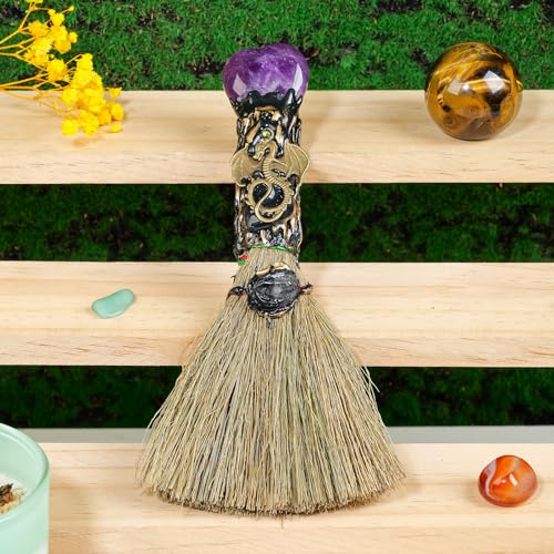 Amethyst Crystal Heart-Shaped Magic Broom - Reiki Energy Cleansing & Healing Tool, Feng Shui Home Decor, Witch Altar Accessory & Spiritual Gift for Women (Natural Gemstone, Witchcraft) Love-amethyst 6.3-6.69"