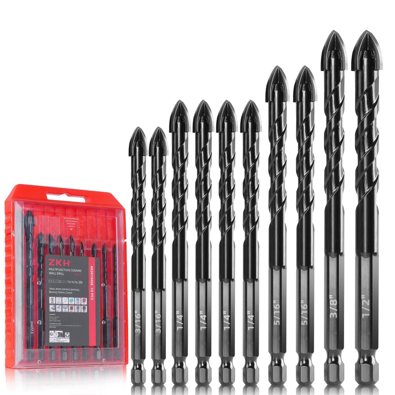 [Australia - AusPower] - ZKH 10 PCS Masonry Drill Bit Set, Cement Drill bits Made of Cemented Carbide,3/16 to 1/2 inch Masonry Drill bits for Concrete,Ceramics,Glass, Brick Drill bit,Masonry bit. 