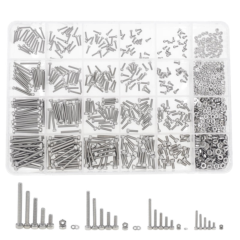 [Australia - AusPower] - Metric 1050PCS M1.4 M1.6 M2 M2.5 304 Stainless Steel Knurl Socket Head Cap Screws Hex Nuts Flat Washers Assortment Kit 