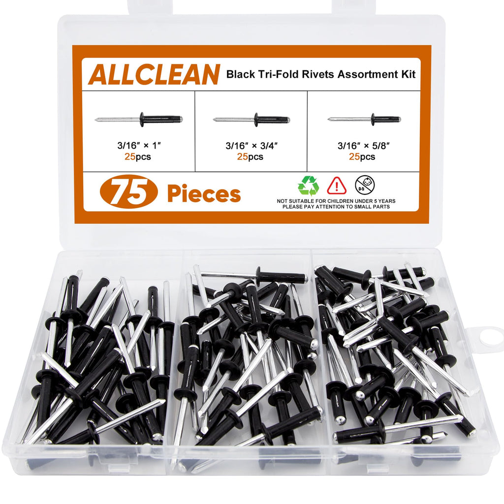 3/16" x 5/8"-3/4"-1" Tri-Fold Rivets Assortment - 75Pcs,Black Tri-fold Exploding Pop Rivets Solid Aluminum Tri Grip Rivets Bulb Style Rivets for Kayak Marine Boat 3/16" x5/8",3/4",1"