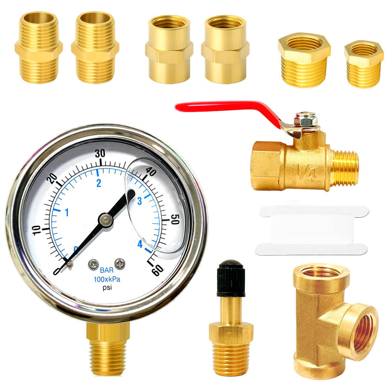 [Australia - AusPower] - CAMNWAMN 10PCS 1/4" Brass Pipe Fittings Kit, 0-60PSI Pressure Gauge, Ball Valve, Hex Nipple, Hex Coupling, Tee and Hex Bushing 1/4" - 1/8" & 3/8" - 1/4" (Pressure Gauge Kit) 