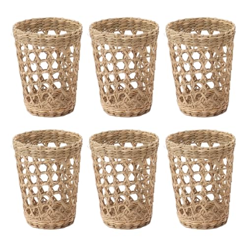 6 PCS Wicker Woven Cup Holders Anti Scald Hollow Handmade Straw Woven Glass Drink Cup Sleeve for Glass Bottles Plastic Cups Mugs Office Home Decor