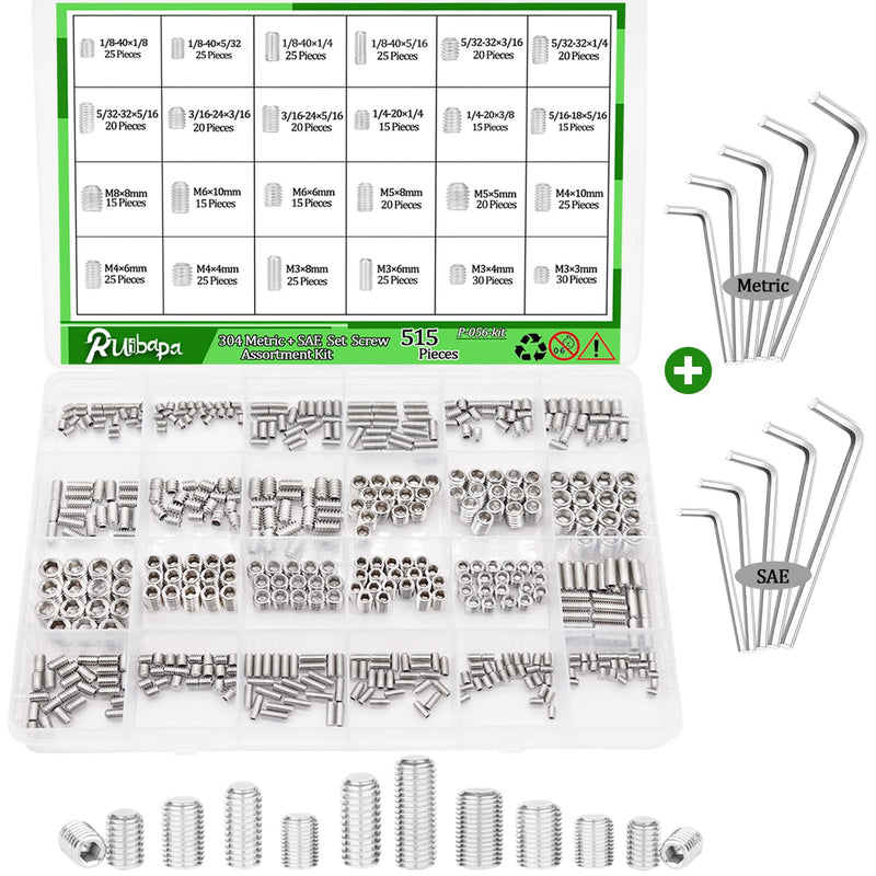 [Australia - AusPower] - 525 PCS Set Screw Assortment Kit Metric + SAE 24 Size 304 Stainless Steel Grub Screw Internal Hex Drive Cup-Point Allen Screws Set M3 to M8 and 1/8-40 to 5/16-18 Silver 525pcs 