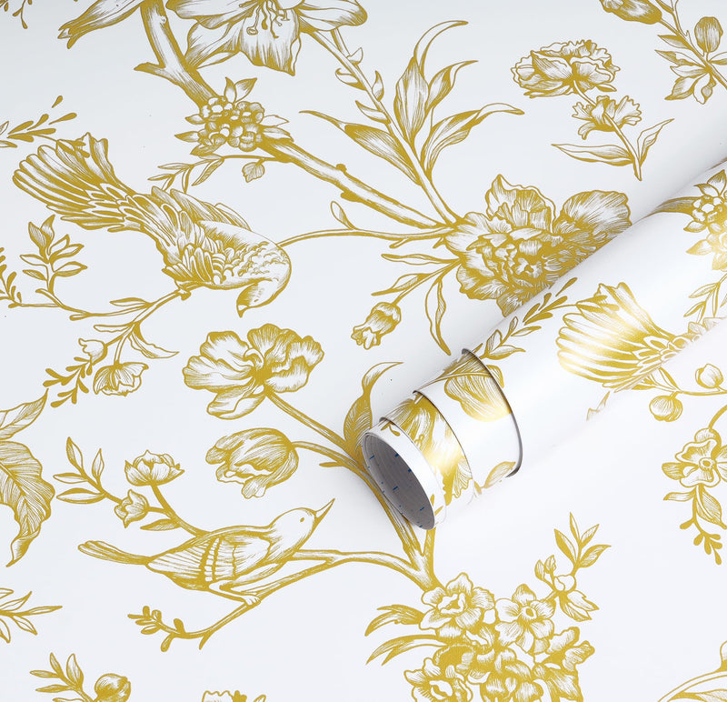 [Australia - AusPower] - Safiyya 118"x17.3" Peel and Stick Wallpaper Gold and White Contact Paper Floral Birds Wallpaper Self Adhesive Removable Wallpaper for Walls Furniture Covering Vinyl Rolls 118 In X 17.3 In 