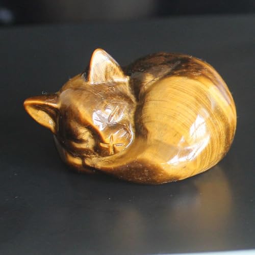 Hand Carved Gemstone Crystal Sleeping cat Figurine Animal Statue Carving Office Office Home Decor 2'' (Gold Tiger Eye) Gold Tiger Eye
