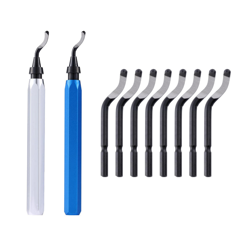 [Australia - AusPower] - 2 Pcs Deburring Tool +10 Pcs BS1010 High Speed Steel Blades for Metal Resin PVC Pipes Copper Plastic 3D Printed Edges, Plumbing 3D Printing Burr Removal Reamer Tool, Silvery& Blue 