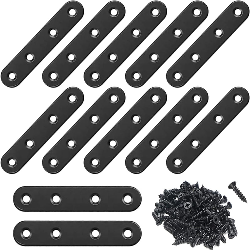 [Australia - AusPower] - 12Pcs Black Straight Brackets 3 Inch Stainless Steel Flat Brace Mending Plates, Sturdy Metal Repair Fixing Joining Brackets for Wood Furniture with Screws 12 