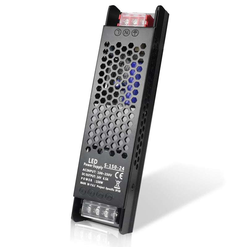[Australia - AusPower] - PZETCEIR LED Driver 24V 150W 6.5A Slim LED Power Supply, AC 110V/240V to 24V DC Adapter, Constant Voltage LED Transformer for LED Strip Lights, LED Bulbs, Garden Light, LED Cabinet Lights 