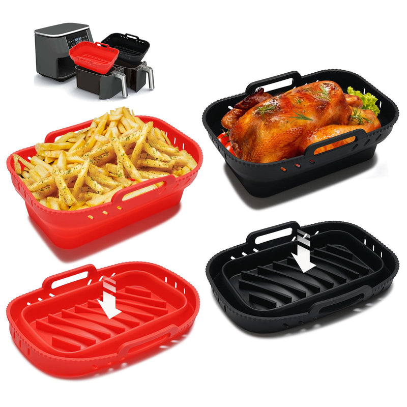 [Australia - AusPower] - MAGIMODAC 2 Pack Air Fryer Silicone Liners, Rectangular Silicone Pot Collapsible, 8QT Reusable Airfryer Basket Accessories (8QT, Black Red Set) 