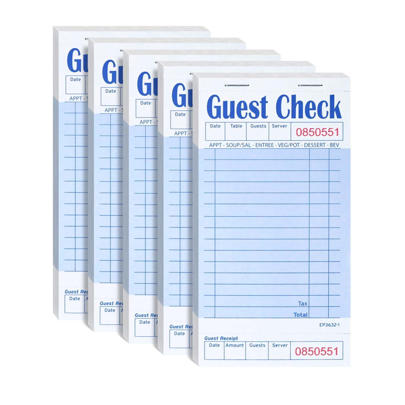 [Australia - AusPower] - Guest Check Books for Servers, 5 Pack of EP-3632-1 Server Note Pads, Thick Server Paper with Guest Receipt, Waitress Notepads - 250 Orders Total (Blue, 6.75"x3.5") 
