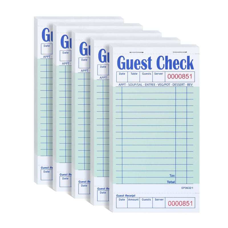 [Australia - AusPower] - Guest Check Books for Servers, 5 Pack of EP-3632-1 Server Note Pads, Thick Server Paper with Guest Receipt, Waitress Notepads - 250 Orders Total (Green, 6.75"x3.5") 5 Pack--Green 