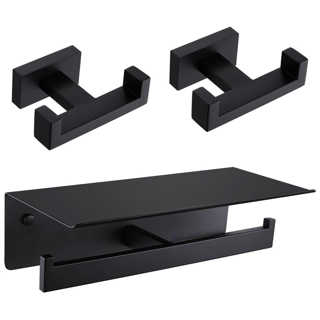 [Australia - AusPower] - Double Toilet Paper Holder with Shelf and Double Coat Hook 2 Pack Bundle, APLusee Stainless Steel Wall Mounted Bathroom Accessories Matte Black 