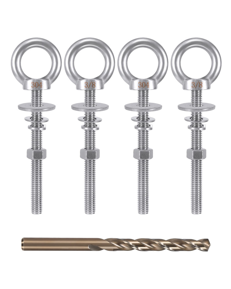 [Australia - AusPower] - Eye Bolt with Nuts 3/8'' x 4'' (4 Pack), Imperial, Heavy Duty Stainless Steel 3/8-16 Long Eye Bolts, Bonus Drill Bit Included 