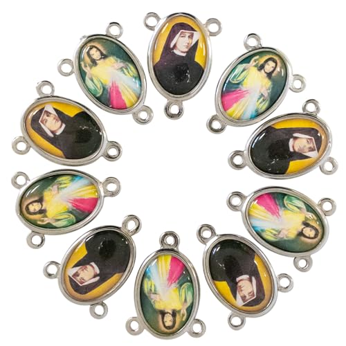 VILLAGE GIFT IMPORTERS 10 Pack of Divine Mercy and Saint Faustina Rosary Centerpieces | Full Color Images on Silver-Tone Metal | Religious Jewelry and Chaplet | Catholic Beading Crafts