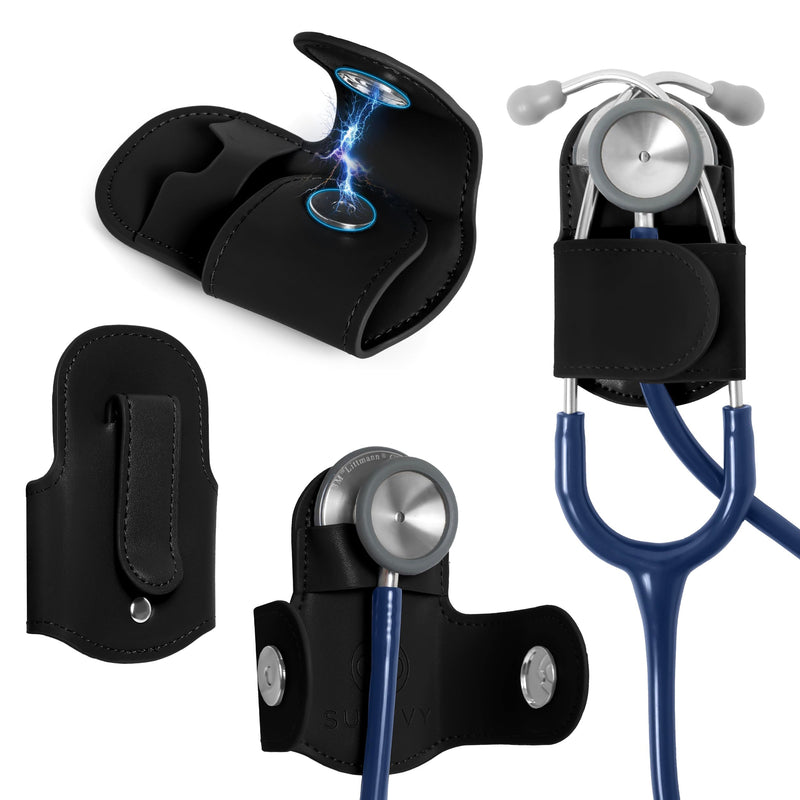 [Australia - AusPower] - Magnetic Stethoscope Holder Clip - Magnetic Snap & Inner Pocket - Genuine Leather Stethoscope Waist Holder – Littman Stethoscope, Littman Cardiology – Gift for Nurses, Doctors & More Black 