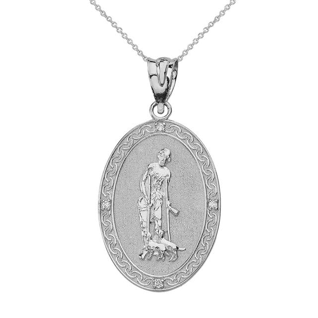 Claddagh Gold Saint Lazarus Engravable Oval Medallion with CZ Fine Pendant Necklace Real Solid .925 Sterling Silver Pendant + 18" Chain