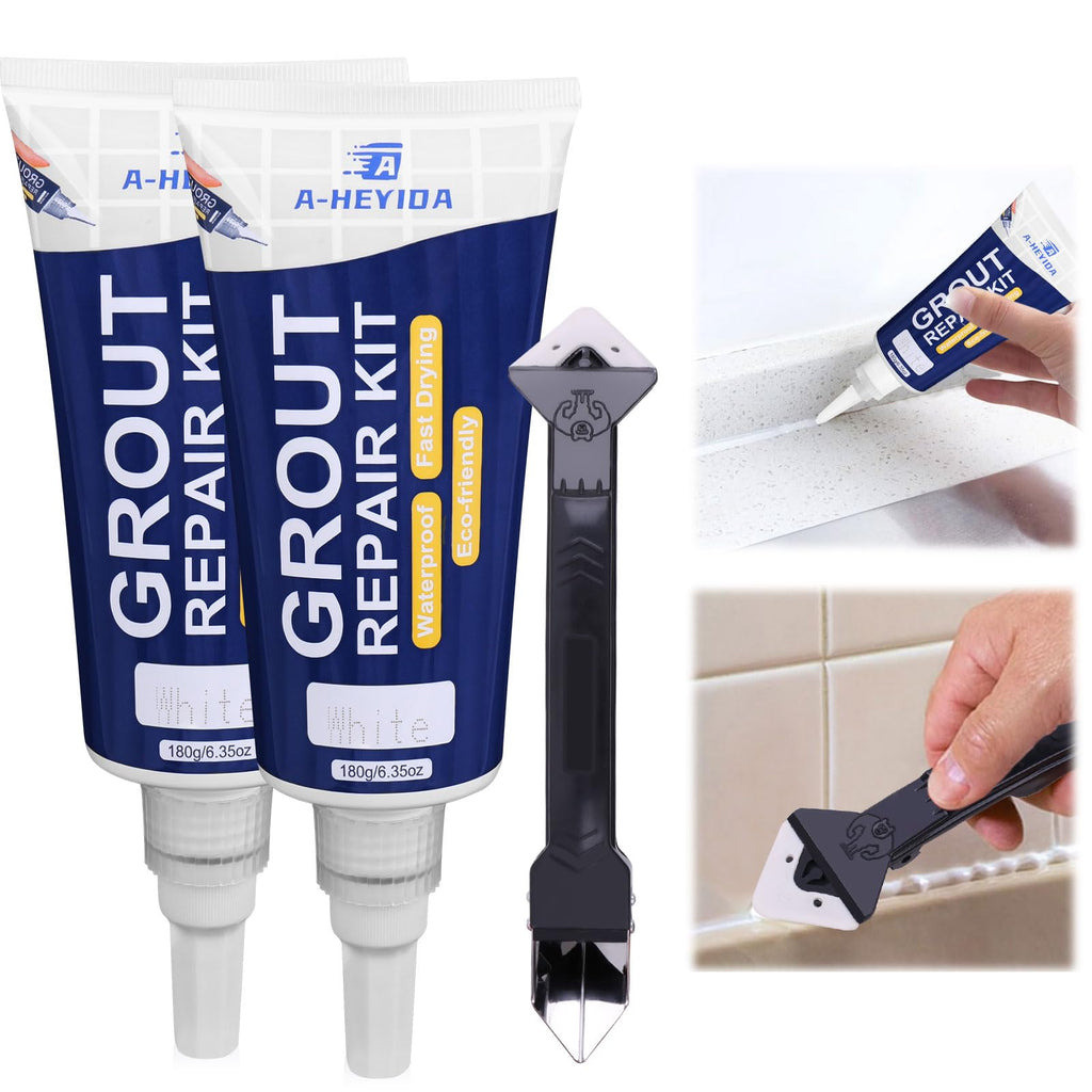 [Australia - AusPower] - 2PCS White Grout Filler - Grout Repair Kit, Tile Grout Fill Tube and Grout Remover Tool, for Renew & Fill Interior Bathroom Shower Kitchen Floor Tile Seam Lines, Tile Grout Sealer (360g) 