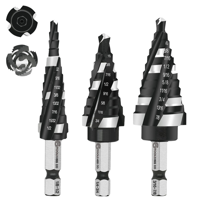GMTOOLS M35 Four Spiral Flute Cobalt Step Drill Bit Set 1/8"-7/8", Industrial Grade Wear-Resistant TiAlN Coated 1/4" Hex Shank Step Bit for Metal, Stainless Steel, Aluminum, Wood, Plastic (3pcs) Four blade 3PC