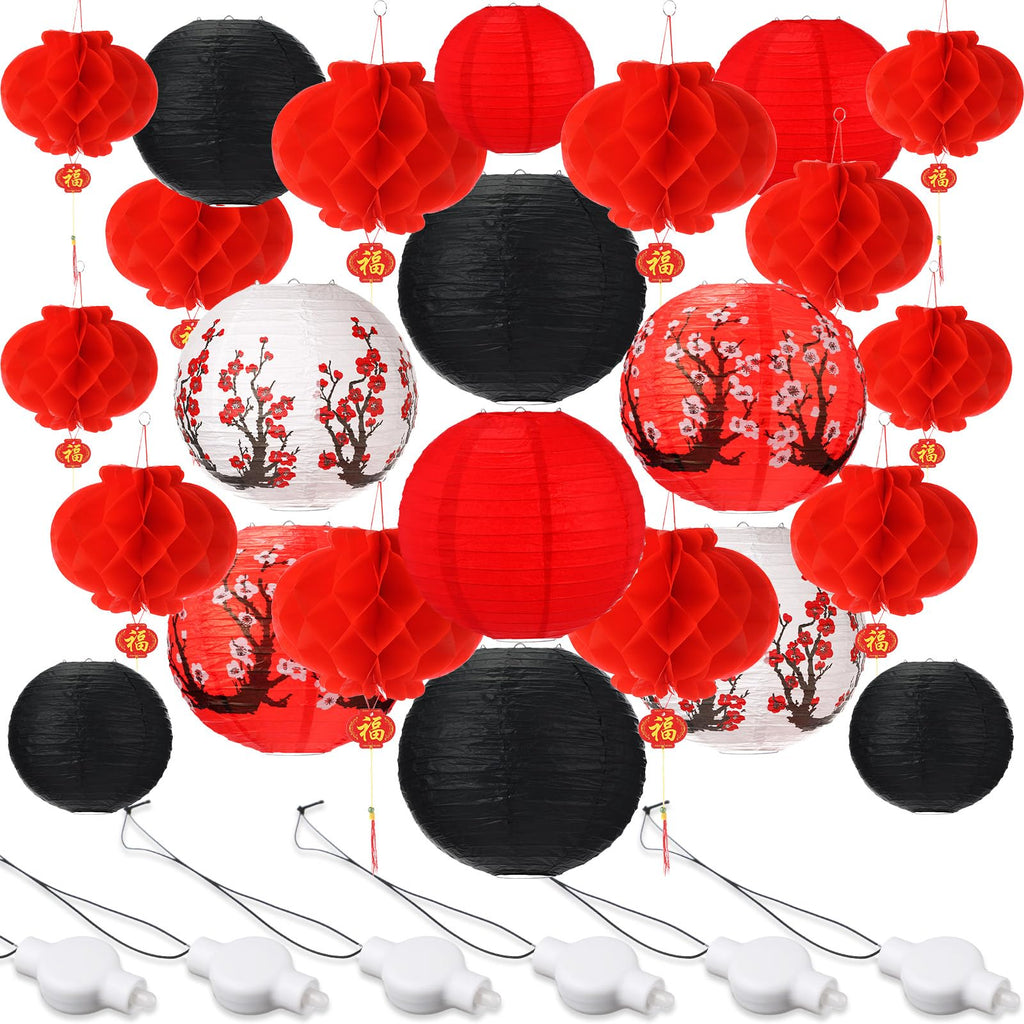 [Australia - AusPower] - Tuanse 30 Pcs LED Chinese Japanese Lanterns Decoration Includes Cherry Flowers Paper Lanterns Red Chinese Lanterns and LED Lantern Lights for New Year Spring Festival (Red, White, Black,Multi Size) 