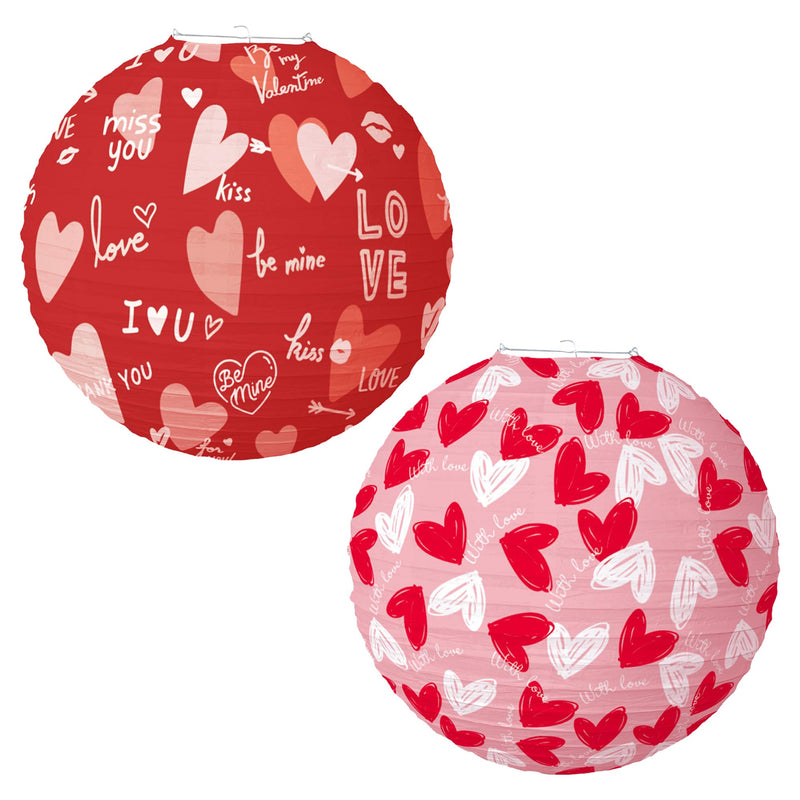 [Australia - AusPower] - 2Pcs Valentines Day Hanging Paper Lanterns Decor,Red and Pink Heart Paper Lanterns I Love You Lanterns Decorative Hearts Round Paper Lanterns for Valentines Wedding Party Decoration 