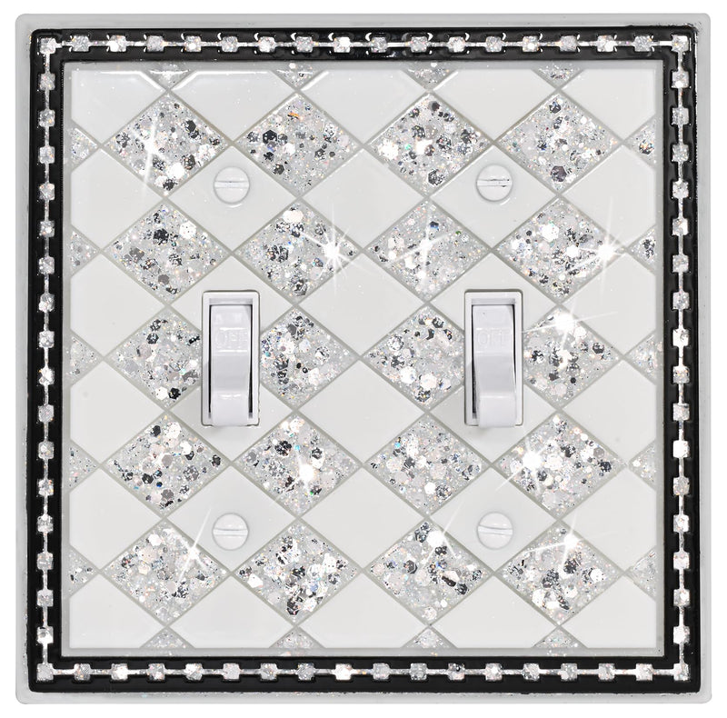 [Australia - AusPower] - YNQIZKI Double Light Switch Cover Plate,2 Gang Wall Plate,Bling Switch Plate Covers,Midsize 4.9''x4.8'',Silver Sequins Sparkle Double Toggle White-Silver Sparkle 