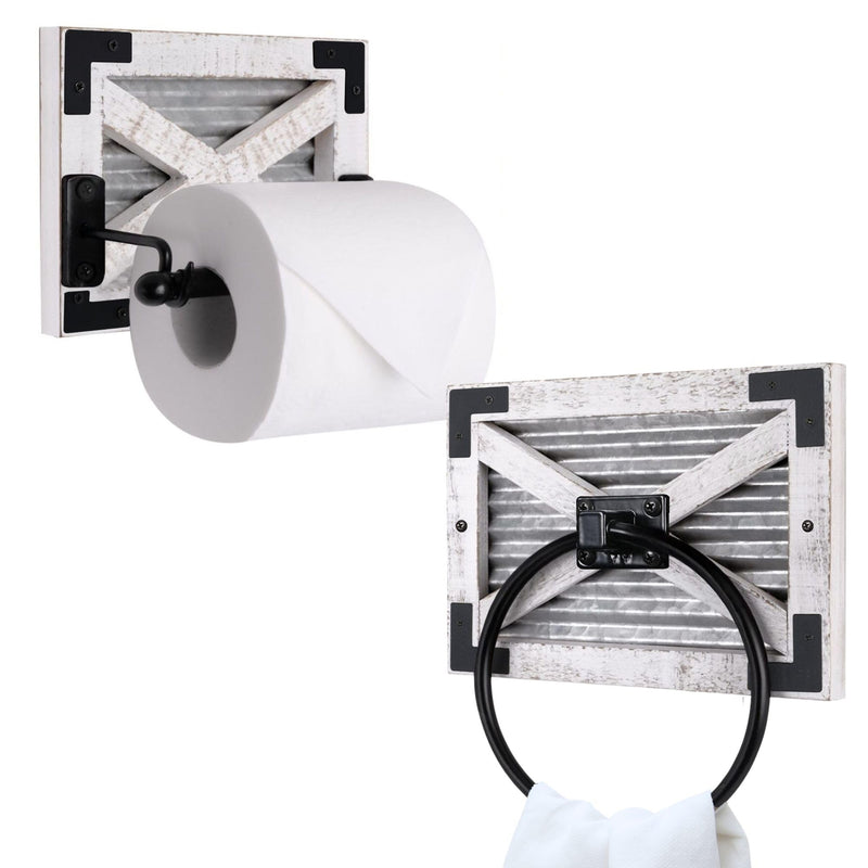 Autumn Alley Farmhouse Toilet Paper Holder and Towel Ring Holder with Bracket, Wall Mount, 2 Set - Farmhouse Toilet Paper Holder and Bathroom Hand Towel Holder Wooden Decor, White