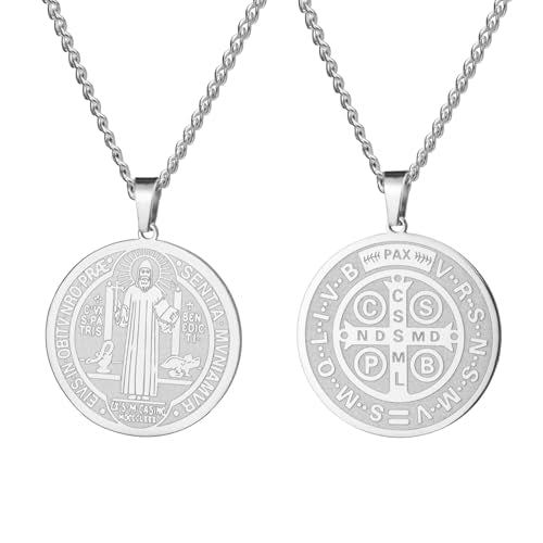 Amaxer Saint Benedict of Nursia Adjustable Necklace for Women Men Saints Medal Religious Protection Pendant Amulet Jewelry silver
