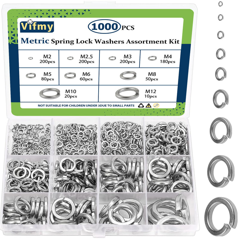 [Australia - AusPower] - Spring Lock Washers Assortment Kit(1000 Pack),M2 M2.5 M3 M4 M5 M6 M8 M10 M12 Metric Split Lock Washer Set,304 Stainless Steel Lock Washers for Screws Bolts 