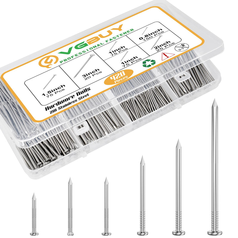 [Australia - AusPower] - 420PCS Stainless Steel Hardware Nails Assortment Kit, Up to 3 Inch Long Nails for Hangig Pictures, 6 Size Picture Hanging Nails, Small Nails, Wall Nails, Wood Nails, Finishing Nails 01-Hardware Nails Kit (420PCS) Silver 