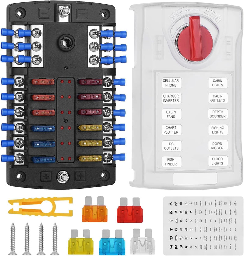 [Australia - AusPower] - 12 Volt Fuse Block, Waterproof Boat Fuse Panel with LED Warning Indicator Damp-Proof Cover, 12 Circuits with Negative Bus Fuse Box for Car Marine RV Truck Block DC 12-24V 