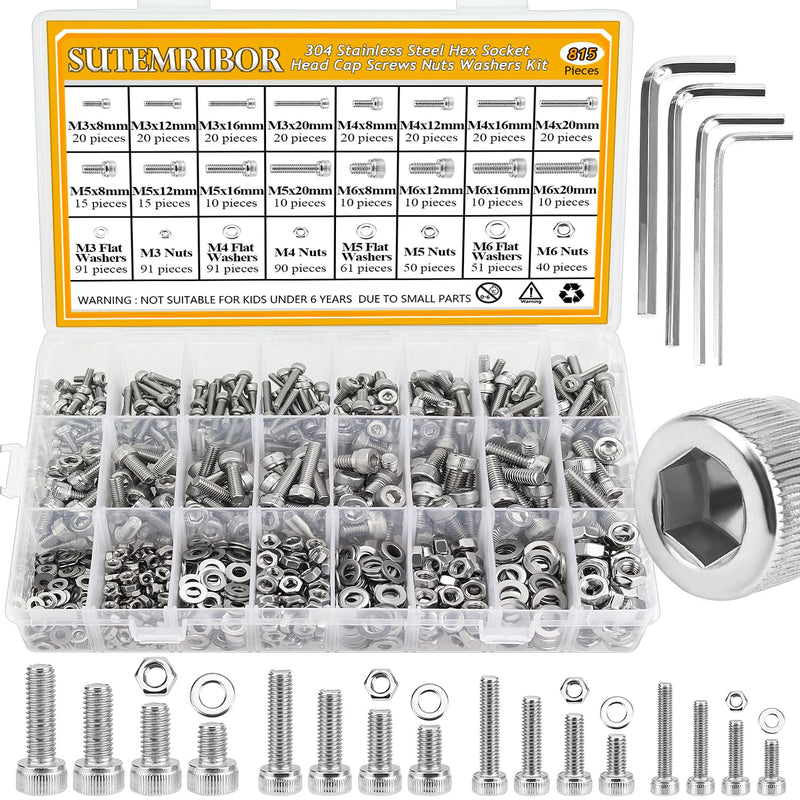 [Australia - AusPower] - 815 Pieces M3 M4 M5 M6 Hex Socket Head Cap Screws Nuts Washers Assortment Kit, Metric Screw Assortment with Hex Wrenches, 304 Stainless Steel, Fully Threaded M3M4M5M6 (815 Pieces) 