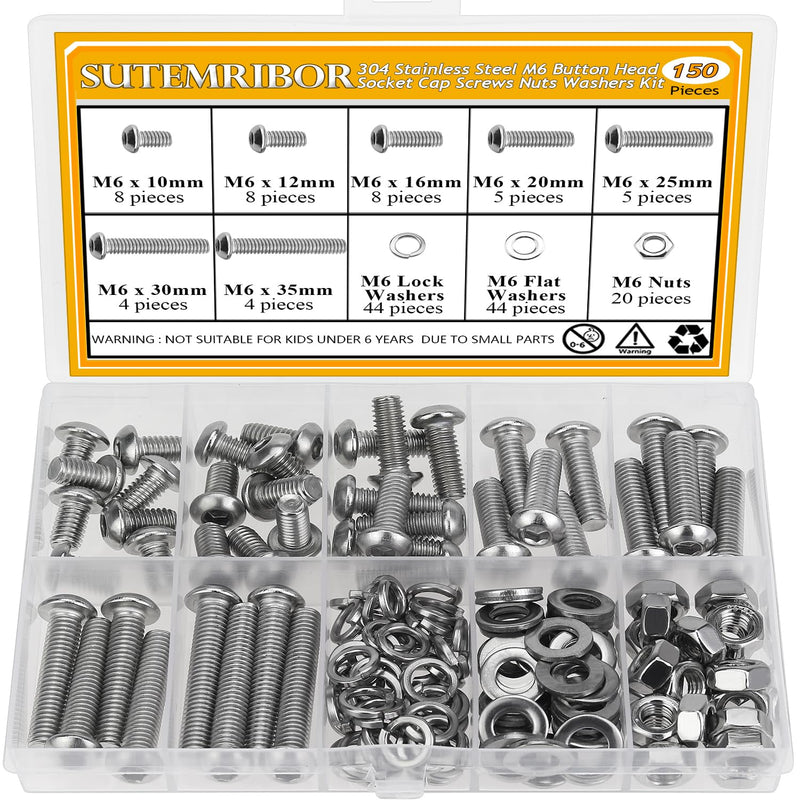 [Australia - AusPower] - 150 Pieces M6 Screws Nuts Washers Set, Sutemribor M6 x 10/12/16/20/25/30/35mm Button Head Socket Cap Screws Nuts Washers Assortment Kit, 304 Stainless Steel, Fully Threaded 