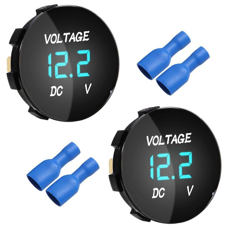 [Australia - AusPower] - 2PCS DC 12V 24V Car Voltmeter DC 5-48V LED Digital Display Voltmeter 12V Waterproof Voltage Gauge Meter Tester Round Panel with Terminals for Boat Marine Vehicle Motorcycle Truck ATV UTV (Blue Light) 