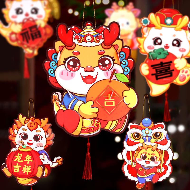 [Australia - AusPower] - 3pcs Cute Dragon DIY Paper Hand-held Lantern Chinese New Year 2024 Festival Lantern Traditional Festival Home Holiday Decoration 