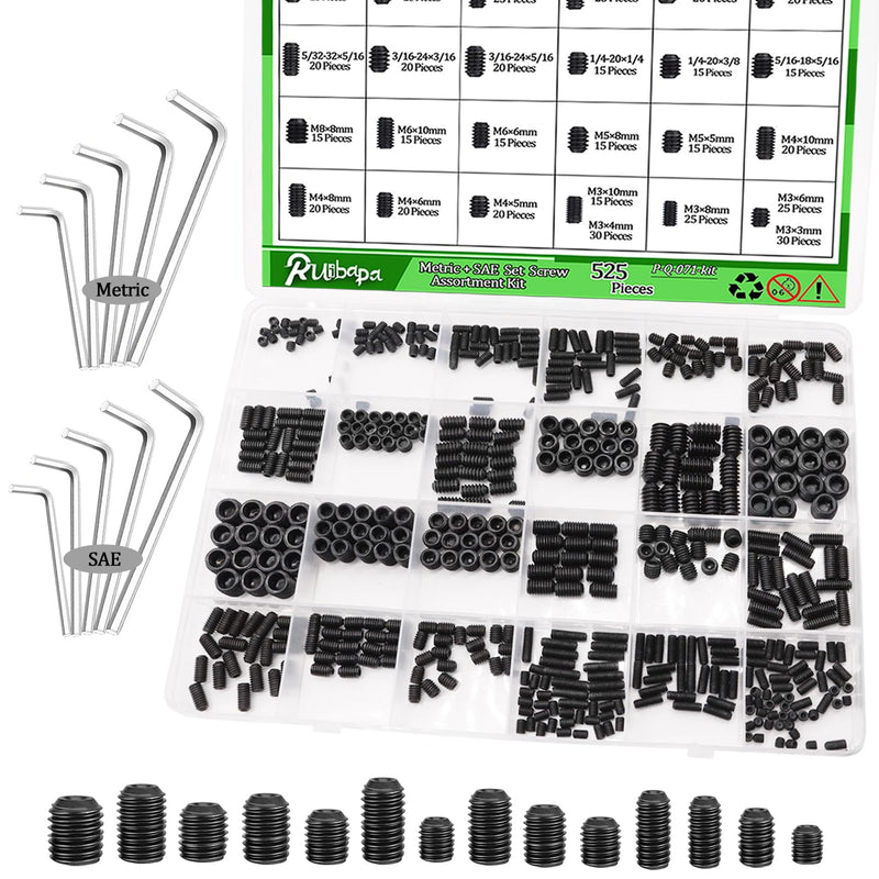 [Australia - AusPower] - 535PCS Set Screw Assortment Kit Metric + SAE 26 Size 12.9 Class Alloy Steel Grub Screw Internal Hex Drive Cup-Point Allen Screws Set M3 to M8 and 1/8-40 to 5/16-18 Black 535pcs 