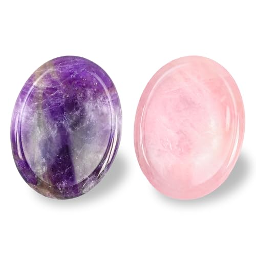 WHAL&YUNE Rose Quartz Amethyst Thumb Worry Stone for Anxiety, Healing Crystals Natural Oval Gemstone Meditation Reiki Balancing Accessories Gift for Stressed People- 1.8 inches