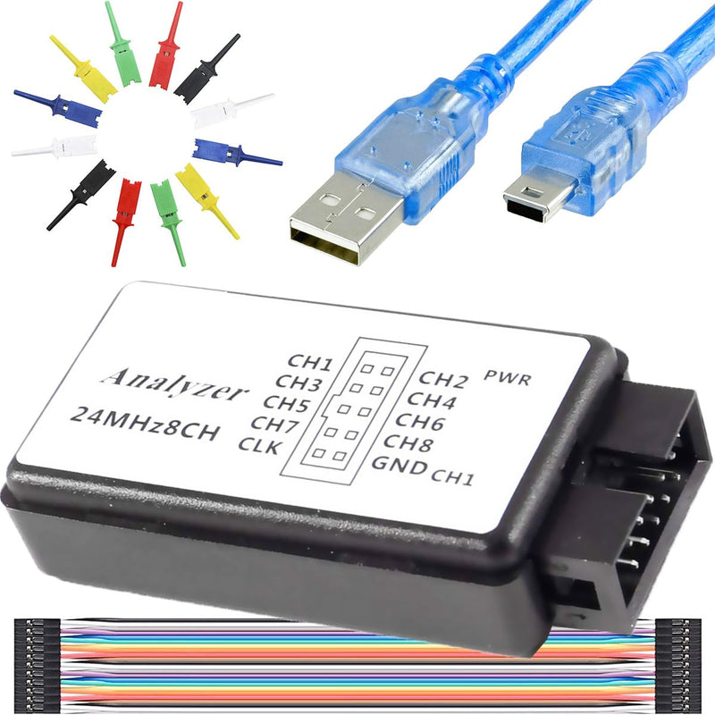 USB Logic Analyzer Device Kit USB Cable 24MHz 8 Channels 24MHz 8 Channels UART IIC SPI Debug with 6 Colors Test Hook Clip Kit Mini to USB Cable Dupont Cable for Arduino FPGA M100 SCM