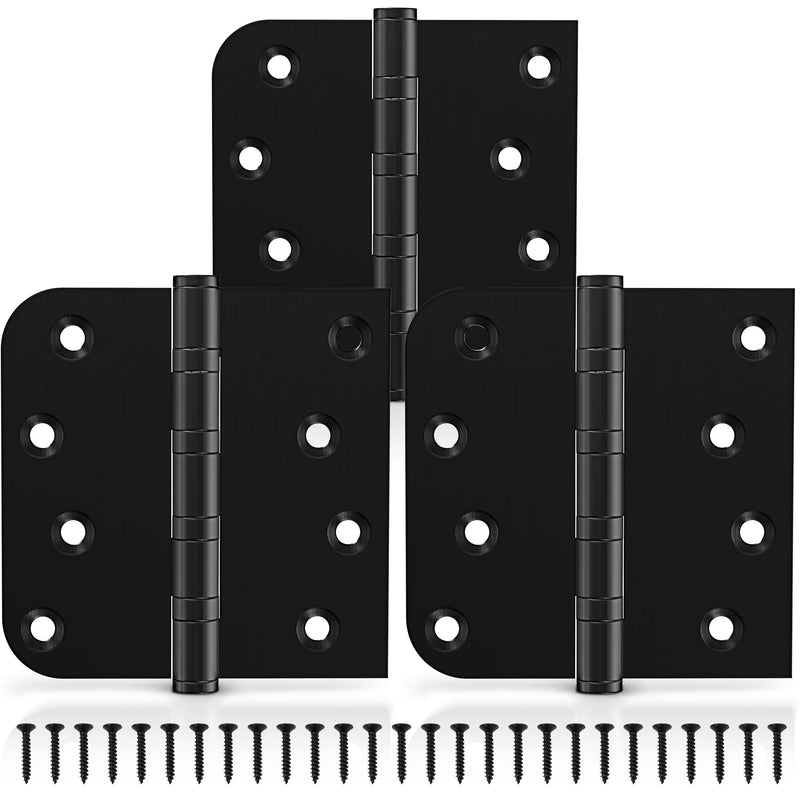 KOLET Ball Bearing Door Hinges, 4 x 4 Inches Door Hinges, Square and 5/8'' Radius Corner, Heavy Duty Stainless Steel Hinges, Smooth and Quiet, Non Removable Pin, Matte Black, 3 Pack
