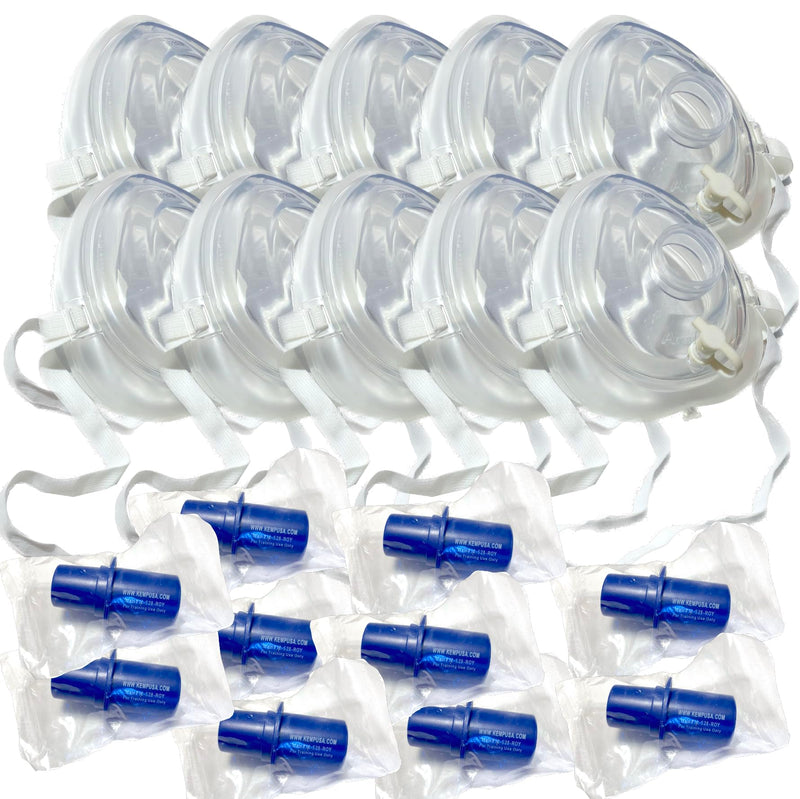 [Australia - AusPower] - Kemp USA Adult and Child CPR Mask with Training Valve for CPR Training Classes - 10 Sets of Masks and Disposable Training Valves 