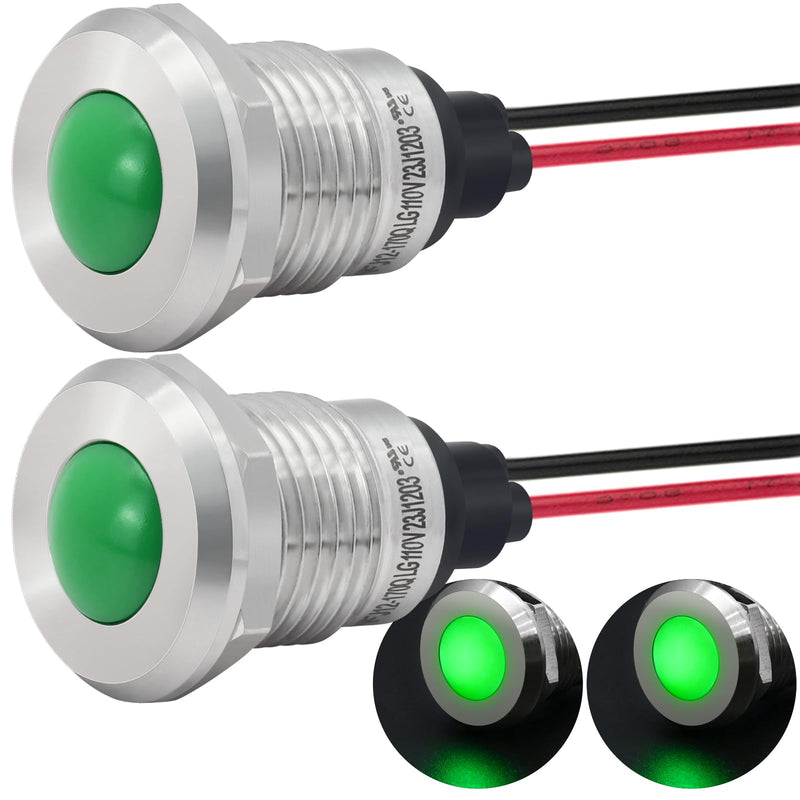 [Australia - AusPower] - Indicator Light 12mm 0.47" LED Lamp with 140mm/5.5" Wire Pilot Lights Waterproof IP67 Metal Stainless Steel Signal Indicator Lamp Panel 2PCS (Green, 110V-120V AC/DC) Green 